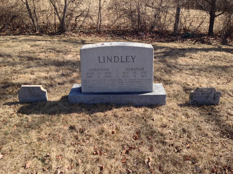 Jonathan and Deborah Lindley memorial stone with original tombstones on either side.  Photo taken by Melissa Wiseheart, 28 Feb 2014.